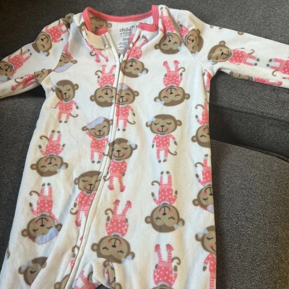 Carters Super Comfy Fleece 24 Months One Piece Pajamas‎ White Pink Monkey Feet
